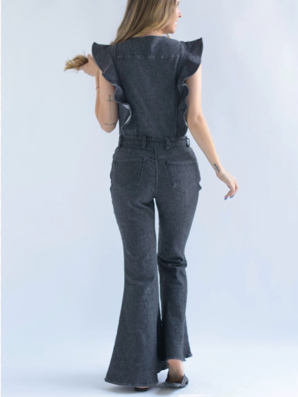 A402. Dark Gray Denim Jumpsuit with Button Front & Ruffle Sleeves - Picture 2 of 6
